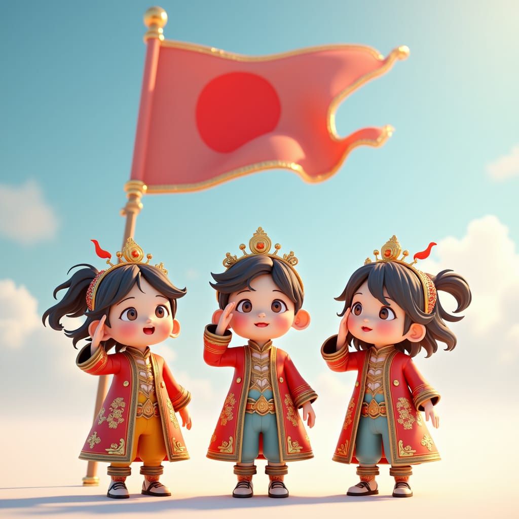Anime-Inspired 3D Characters Saluting a Flag
