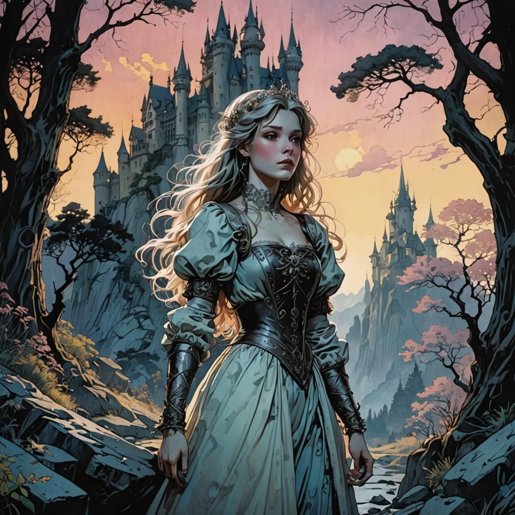 High Contrast Pastel Princess in Fantasy Landscape