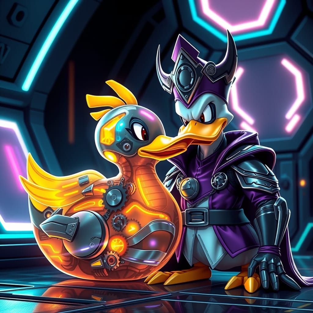 Cyborg Rubber Ducky with Darkwing Duck in Futuristic Lair