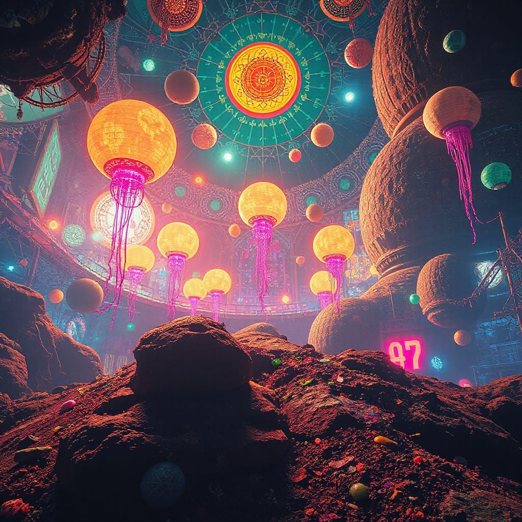 Surreal Dreamscape with Neon Lights and Fantasy Creatures