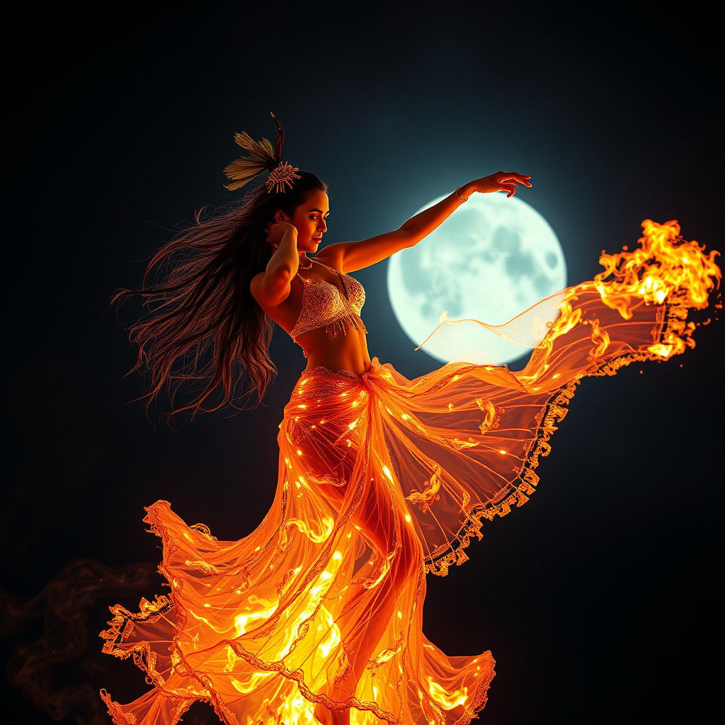Exotic Fire Dancer in Moonlight: Photorealistic Portrait