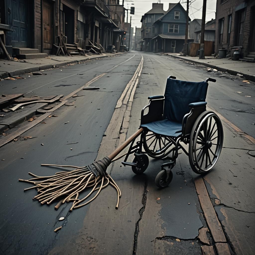 Mop Rides Wheelchair in Desolate Landscape, Matte Painting