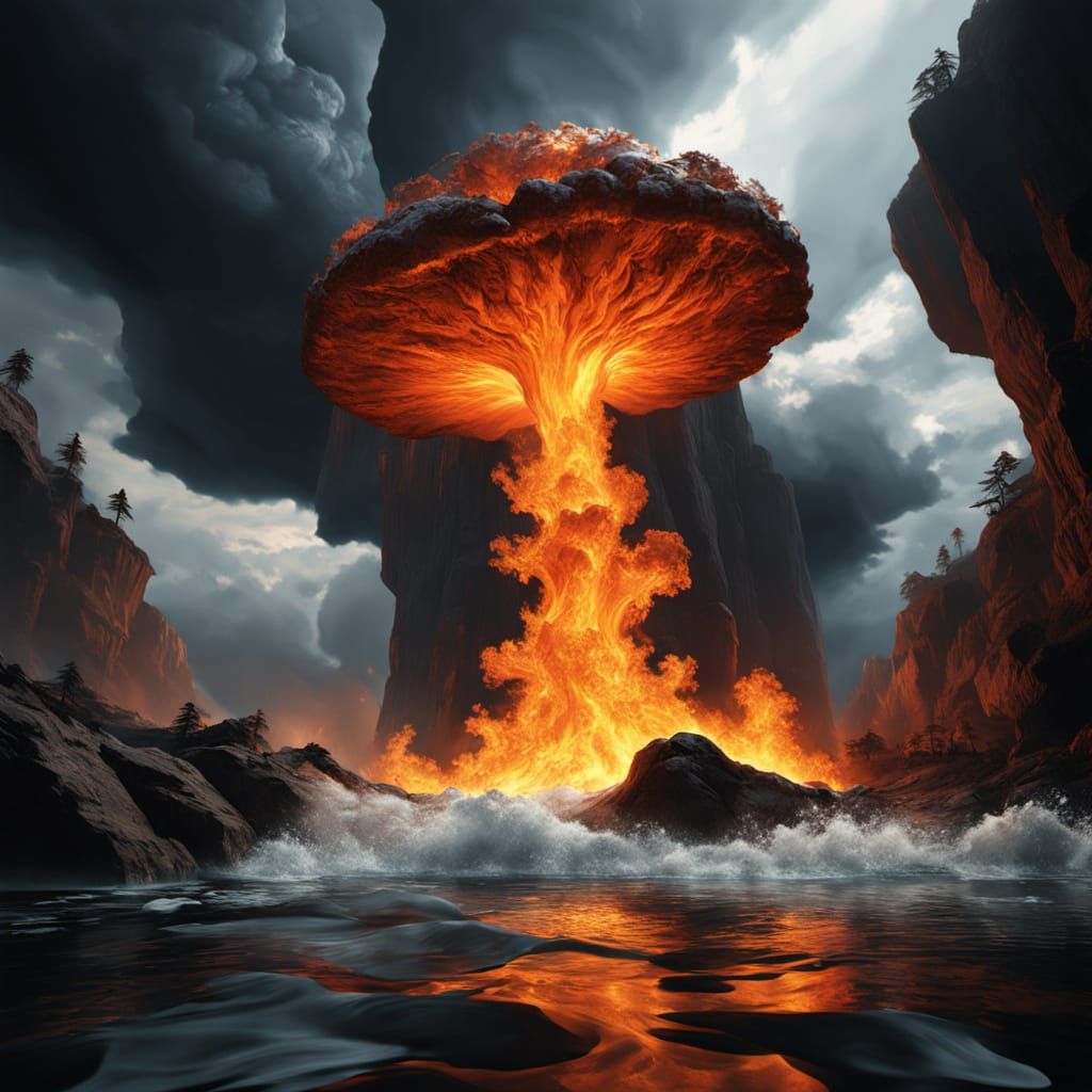 Colossal Sky Rift with Fiery Clouds and Water Torrent