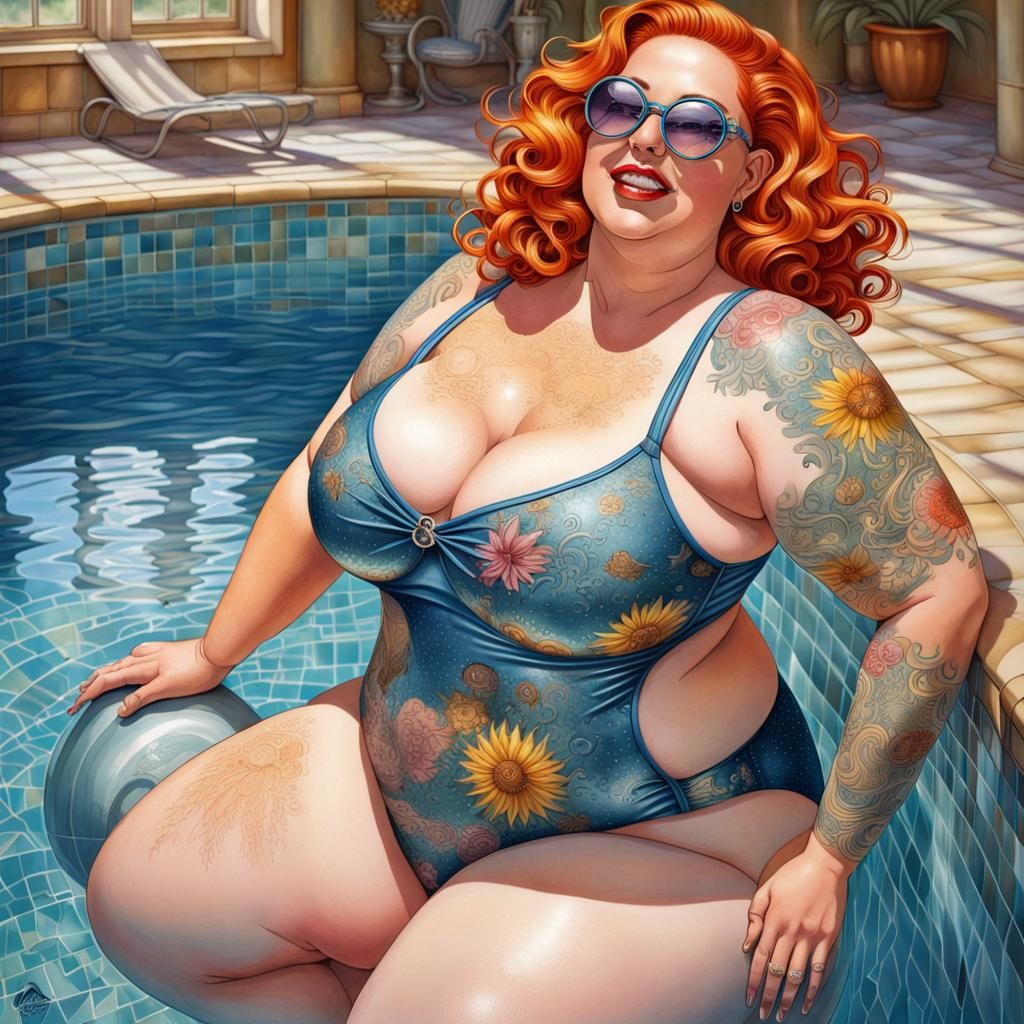 Joyful Pin-Up Model in Iron Swimsuit