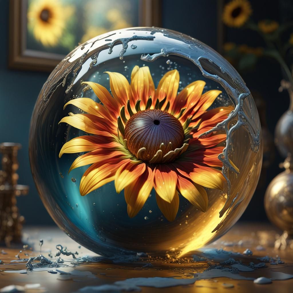 Sunflower in Glass Ball: Hyperrealistic Digital Art