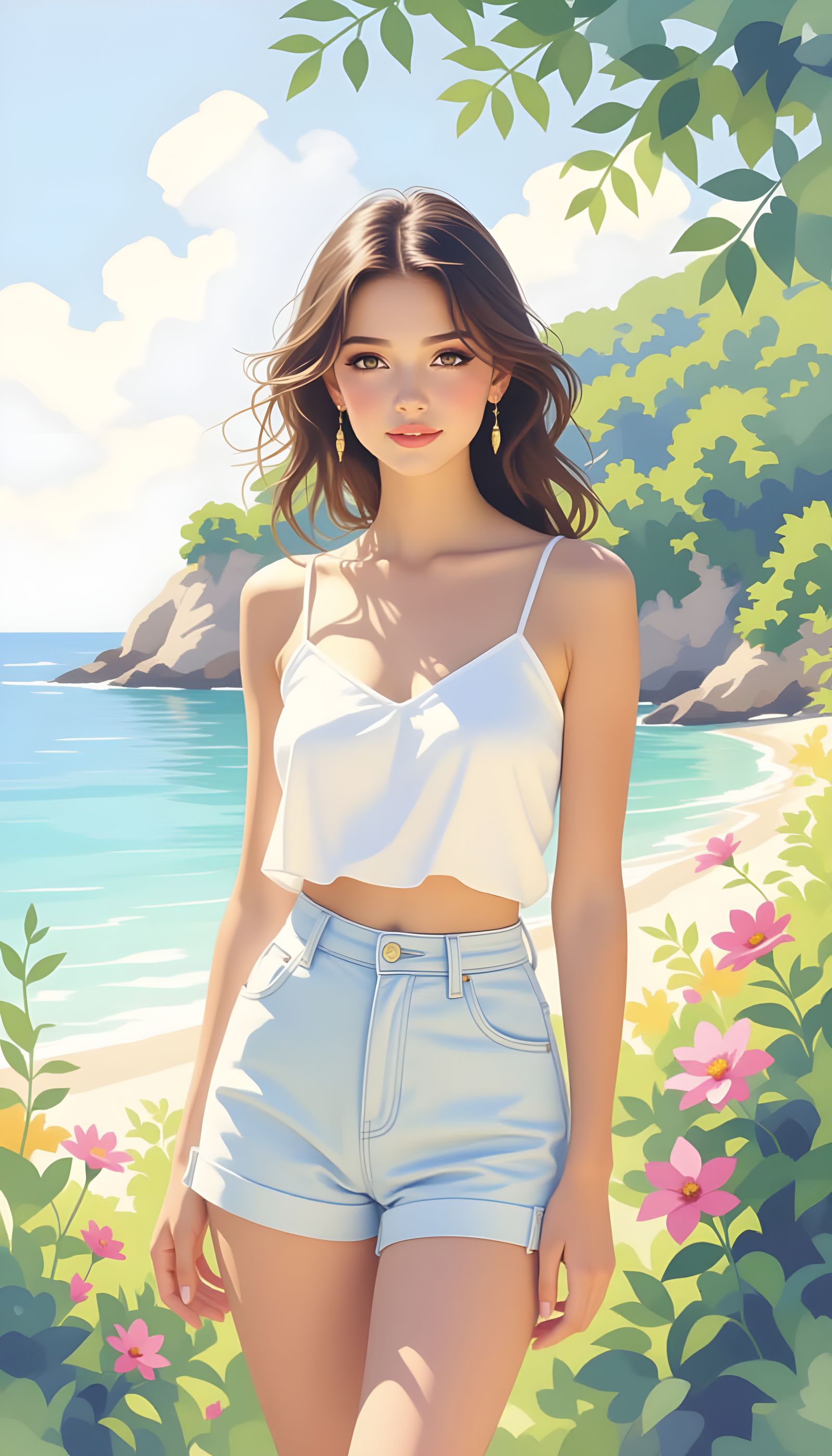 Girl in Shorts Outfit with Watercolour Sea Background
