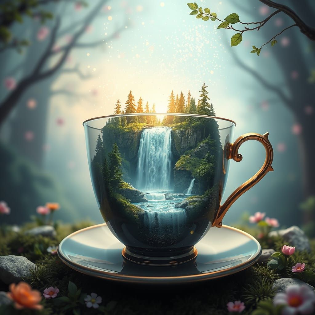 Waterfall Teacup: A Fantasy Surreal Scene in Rolando Style