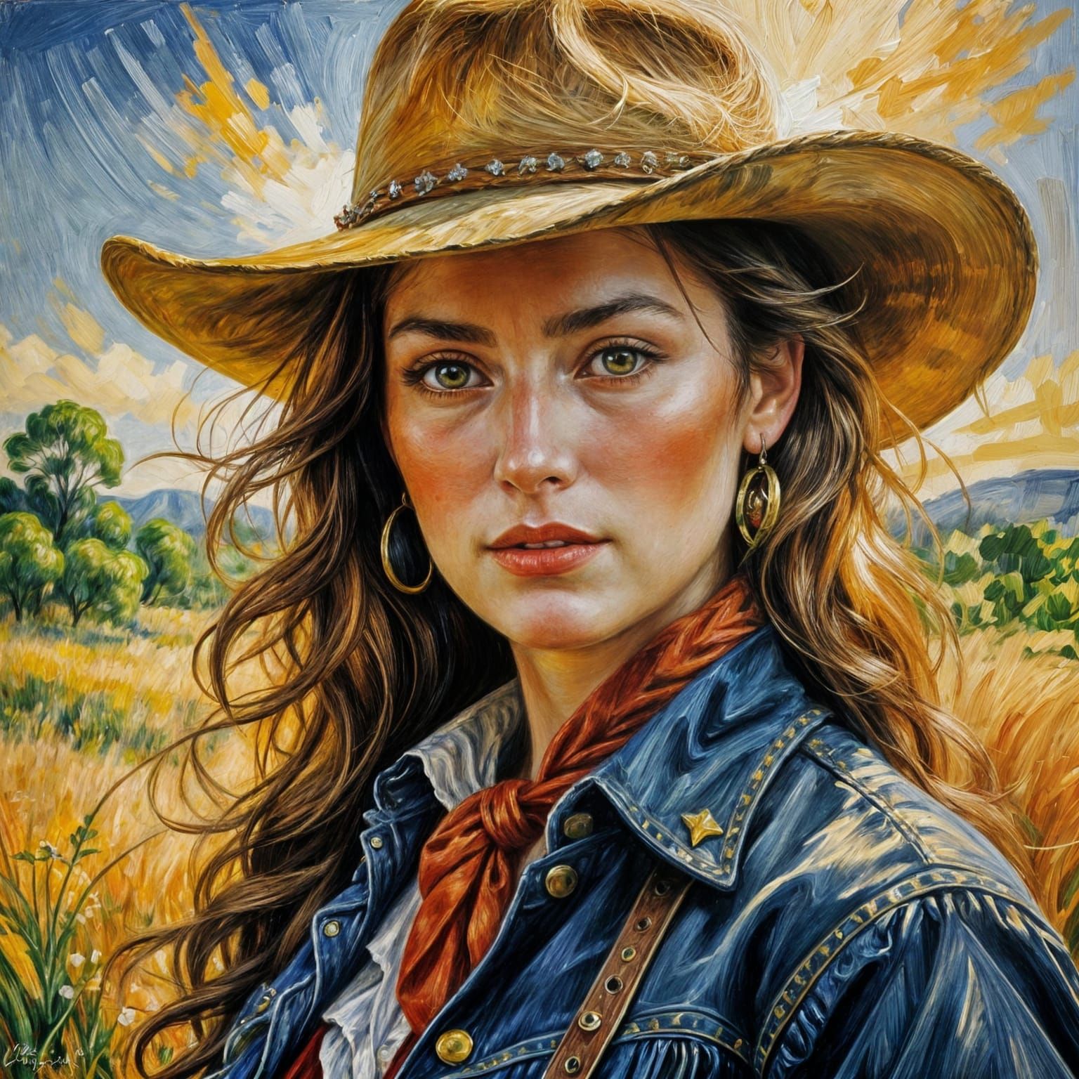 Renoir-Inspired Cowgirl Portrait in Vibrant Oil Paintings