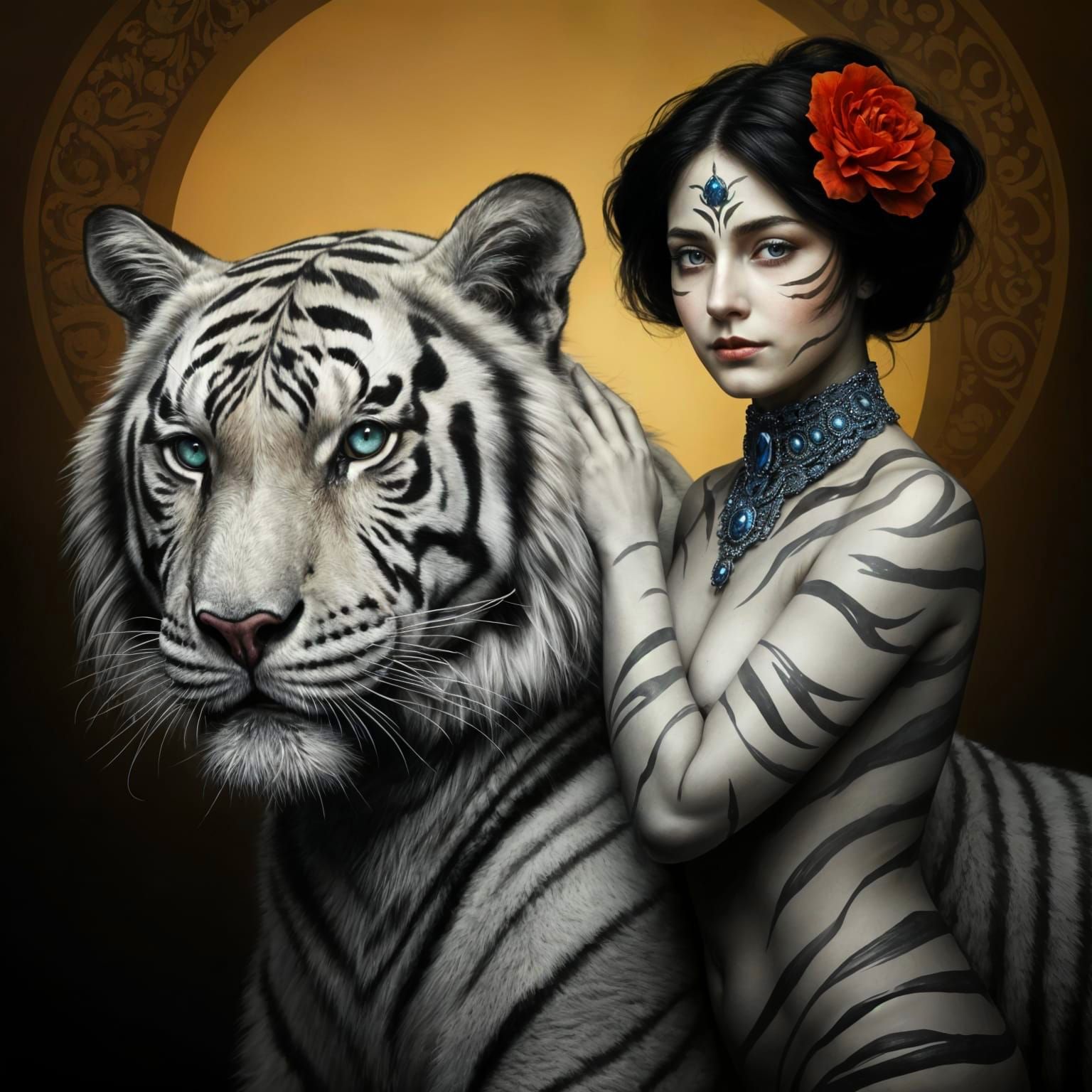 Monochrome Drawing of Striped Woman and White Tiger