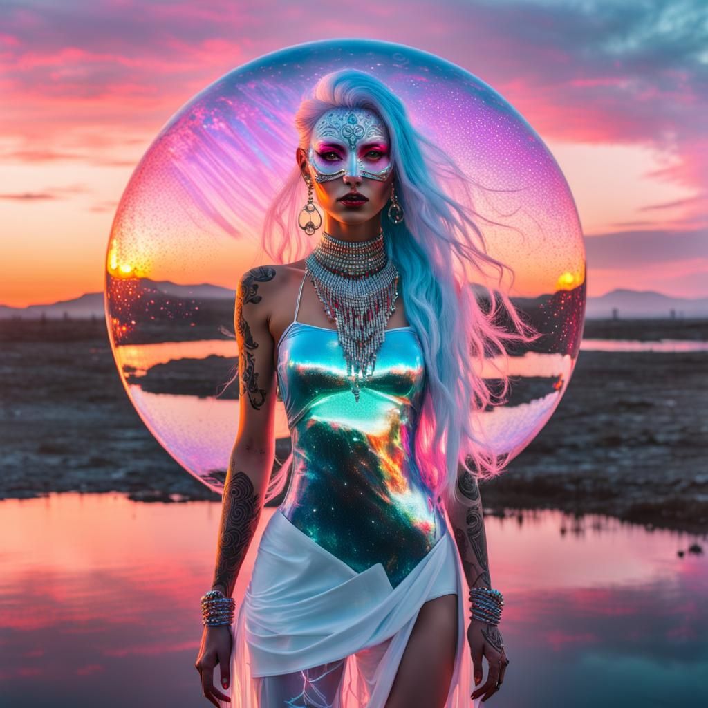Holographic Woman in Mirrored Sunset Scene