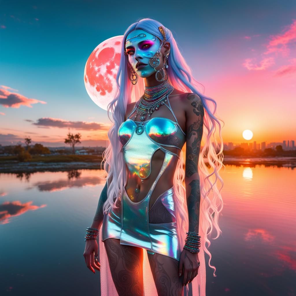 Holographic Changeling Woman in Reflective Mirror Scene