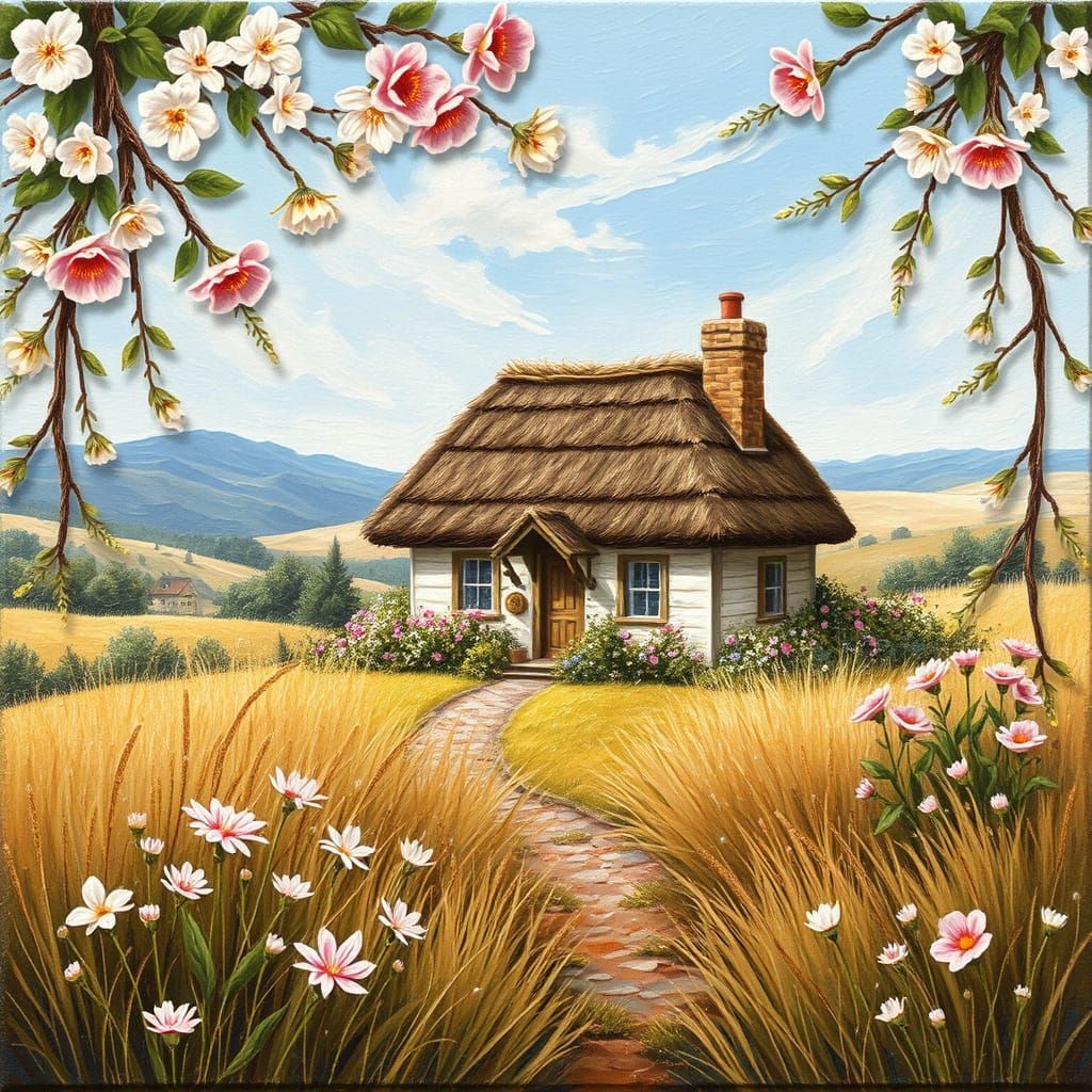 Cozy Cottage Miniature Oil Painting with Wildflowers