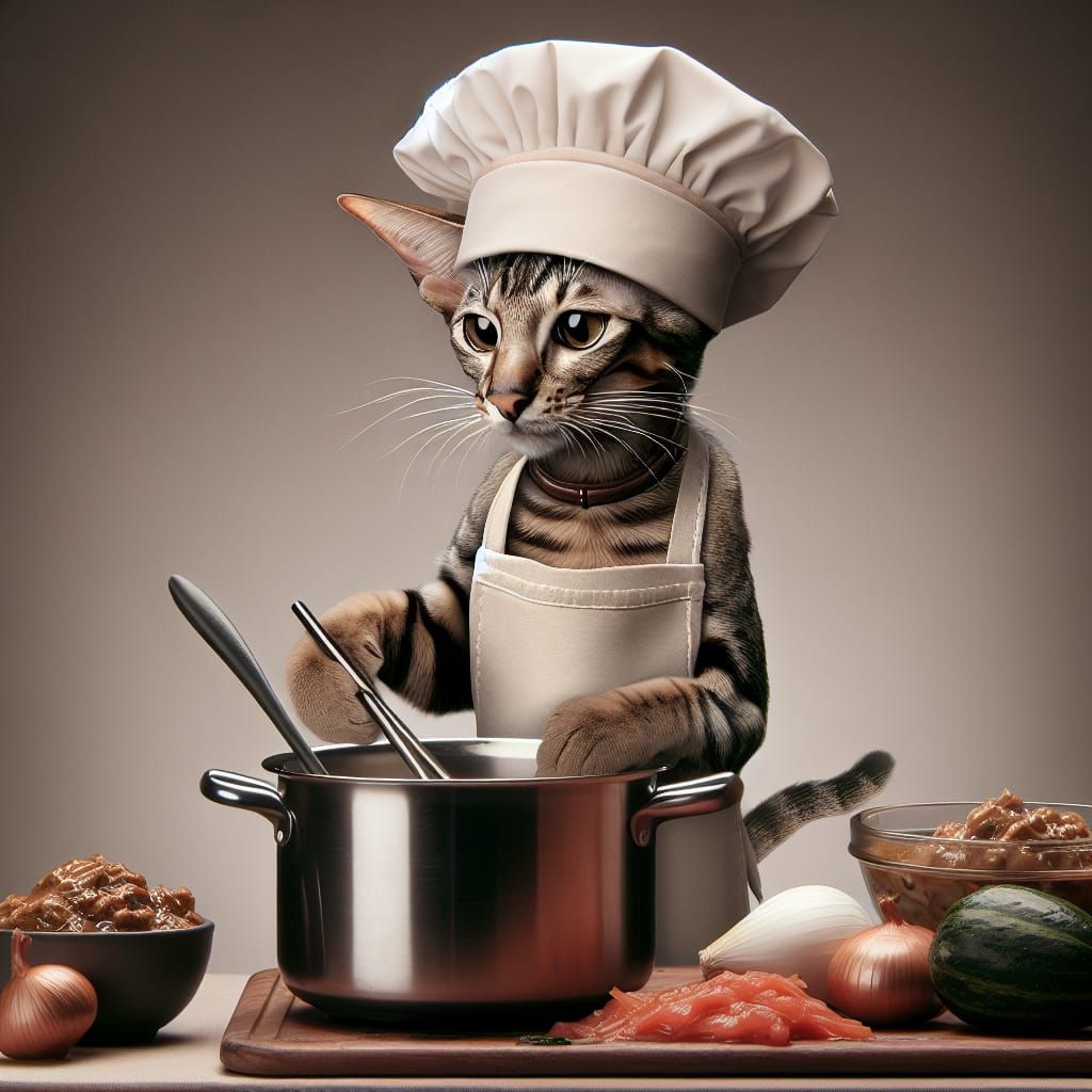 Oriental Cat Preparing a Meal as Feline Chef