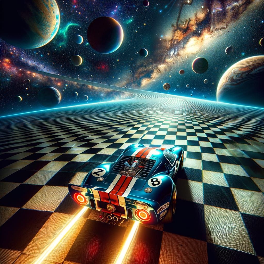 GT40 Racing Car Speeds on Checkerboard Racetrack in Space