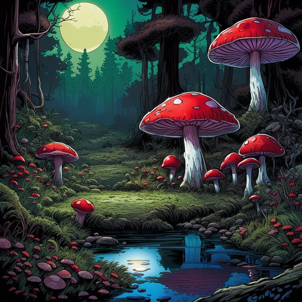 Enchanted Forest with Crimson Toadstools in Comic Art