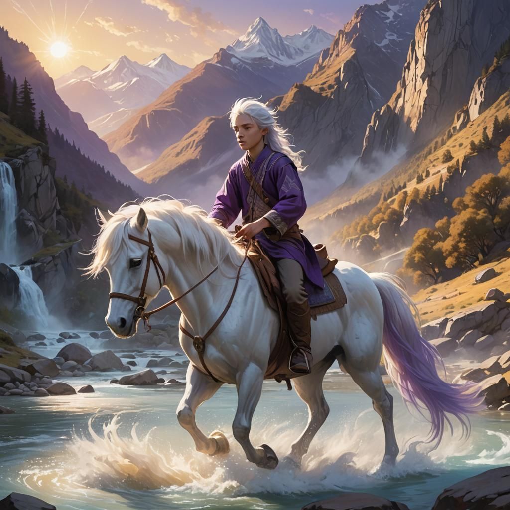 Boy on Pony in Mountain Stream: Fantasy Art