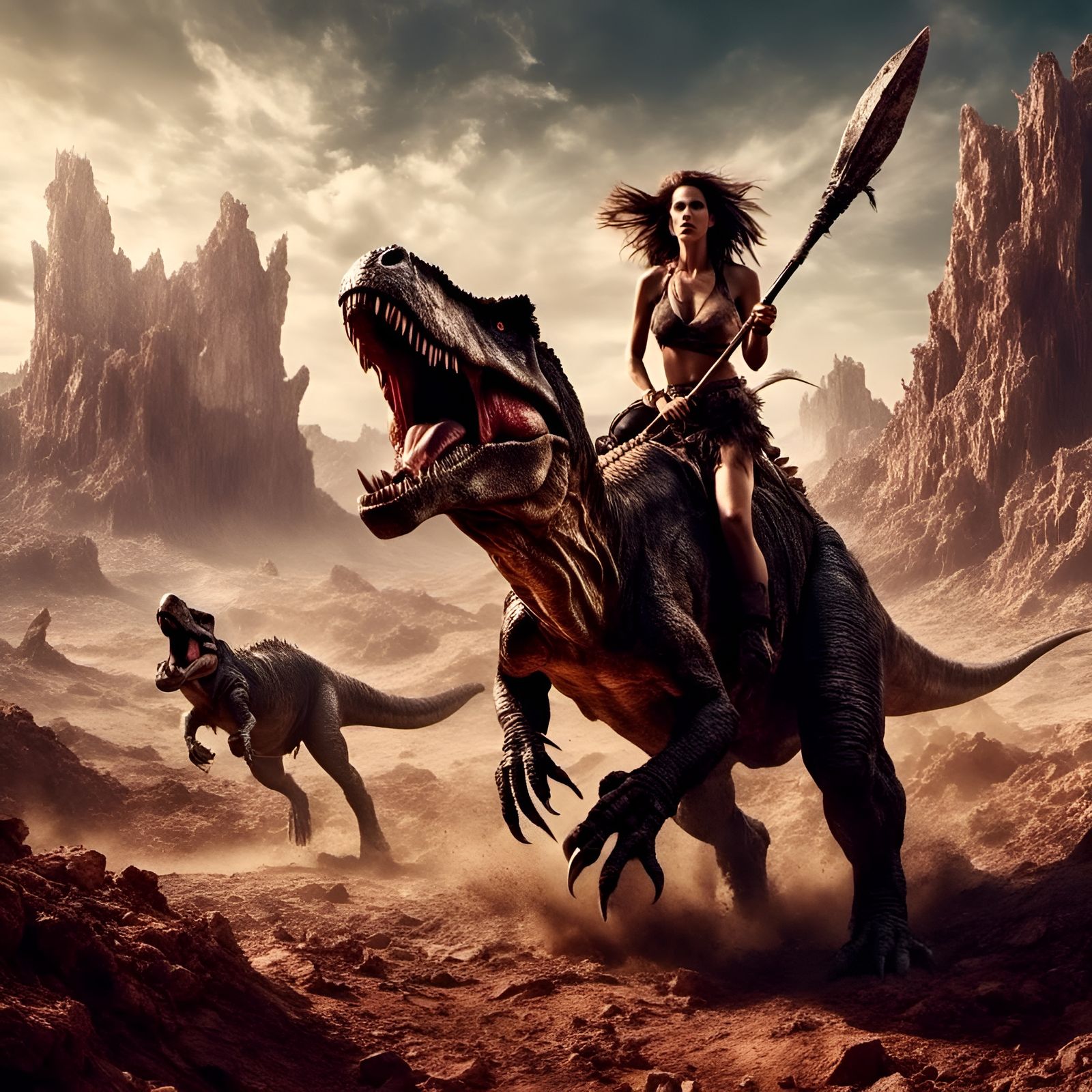 Cavegirl Rides T-Rex in Macabre Desert Landscape