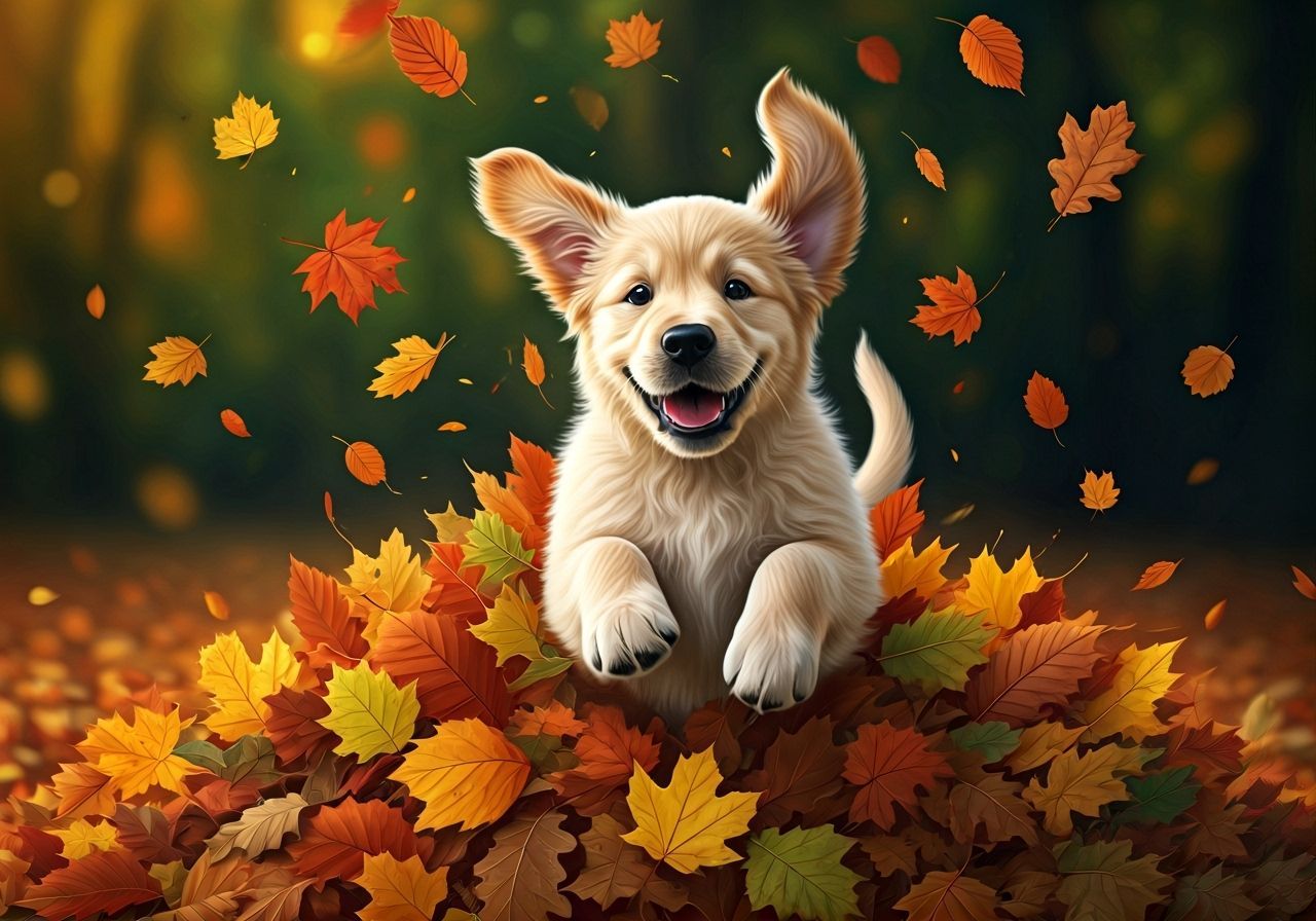Golden Retriever Puppy Joyfully Leaping in Autumn Leaves