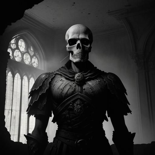 Skull on Pedestal in Abandoned Church, Chiaroscuro Style