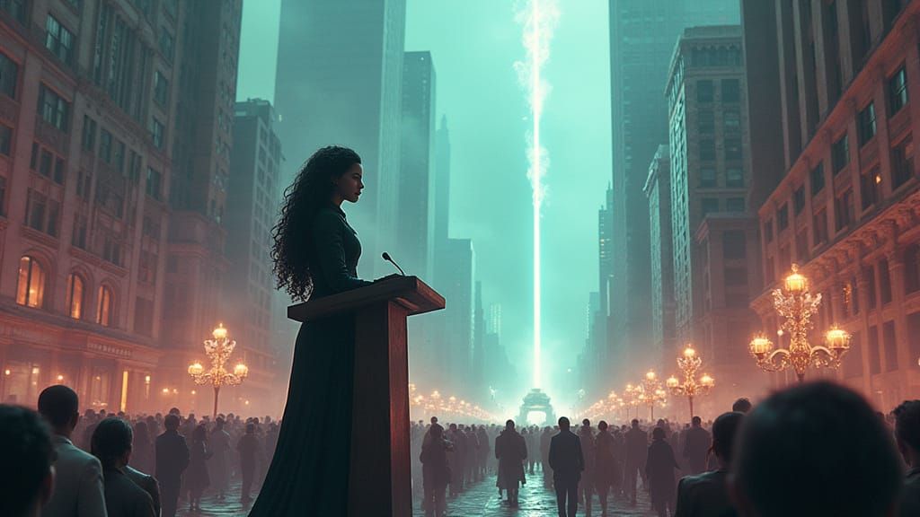 Woman Addresses Crowd as City Transforms in Digital Art