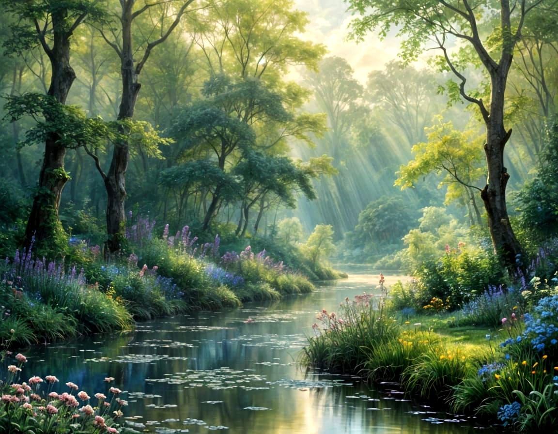 Serene River Scene in Watercolor Style