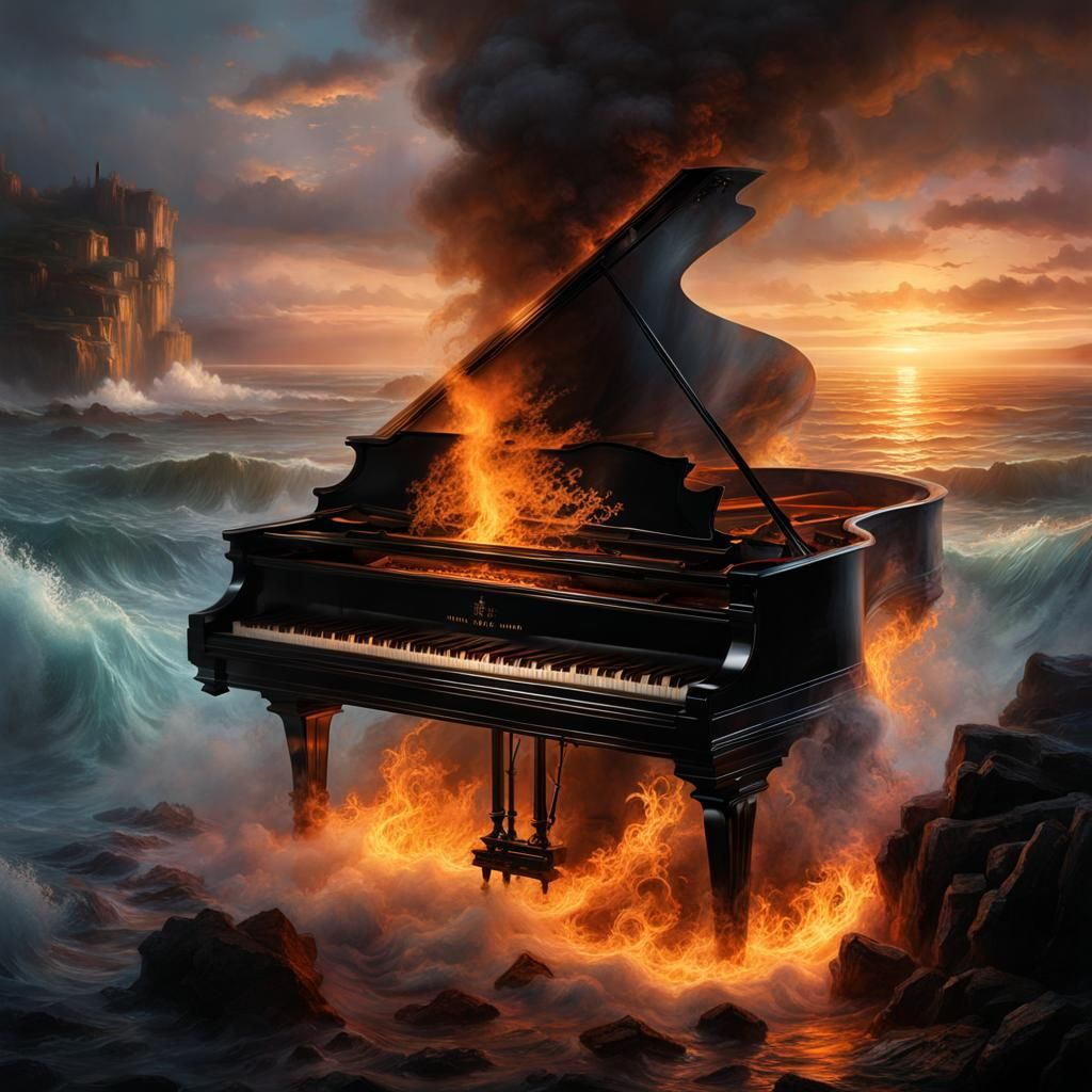 Fiery Piano Amidst Ocean Waves: Digital Illustration