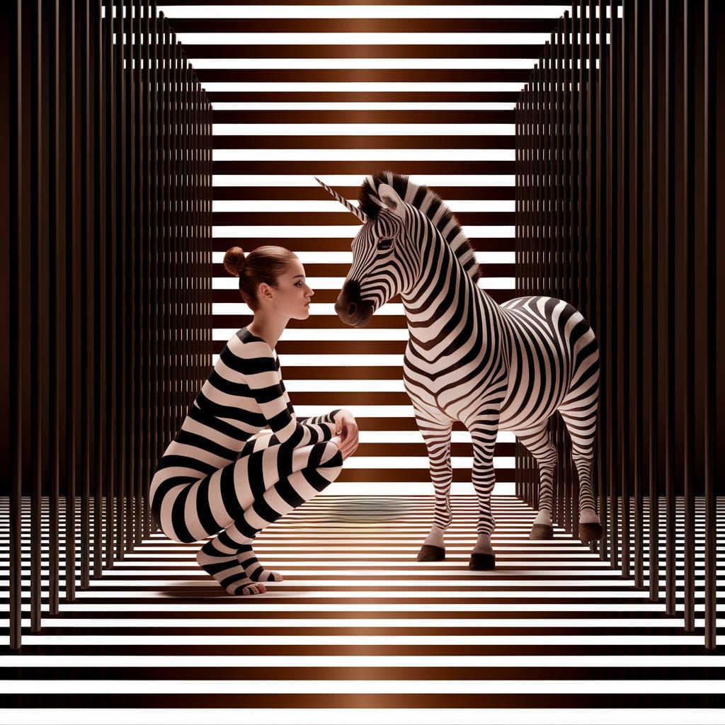 Surreal Scene of Striped Woman and Zebra Unicorn