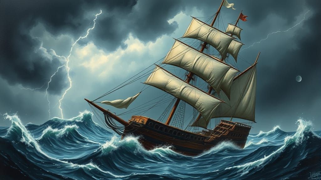 Majestic Full-Rigged Ship Battles Turbulent Stormy Seas in H...