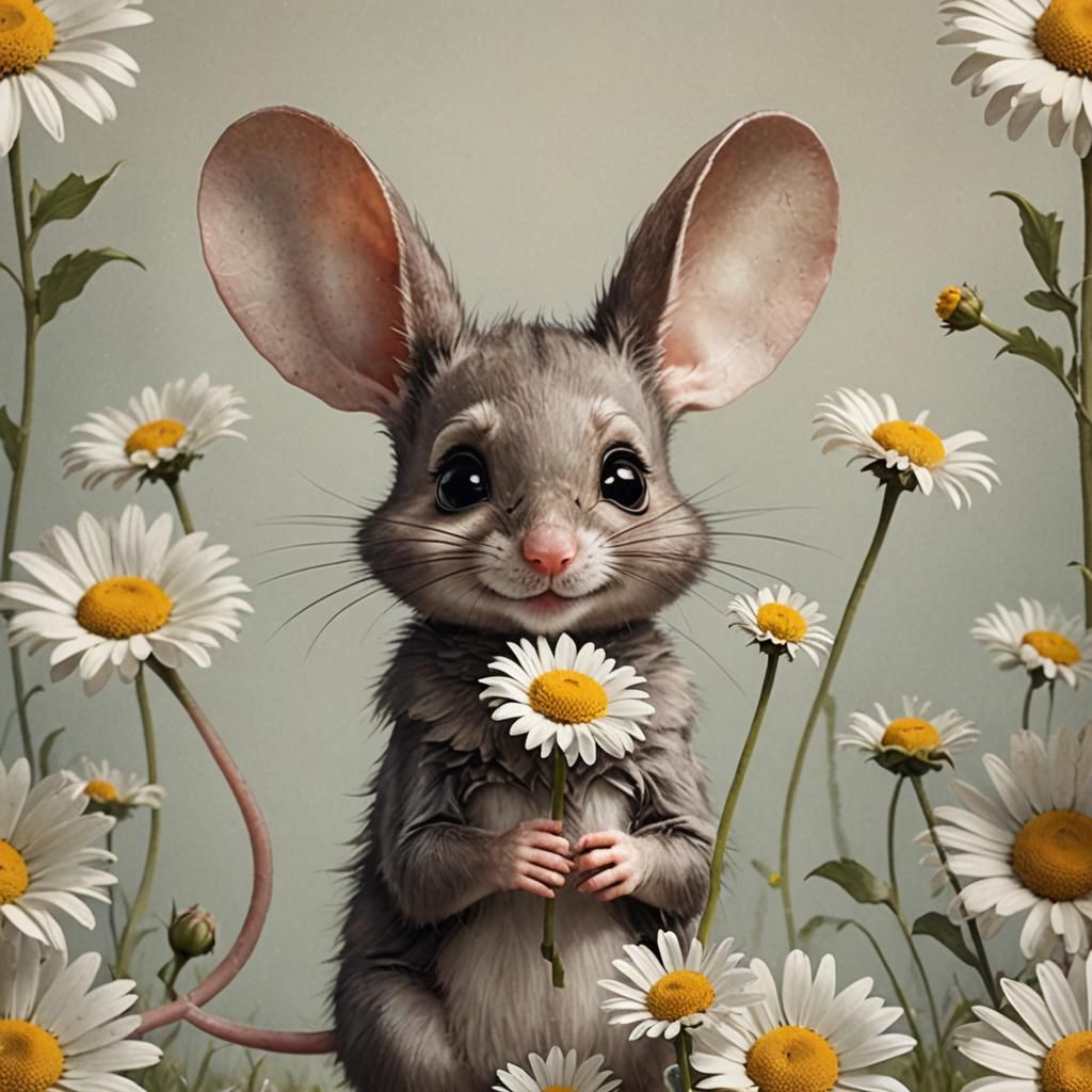 Cute Mouse Holding Gigantic Daisy