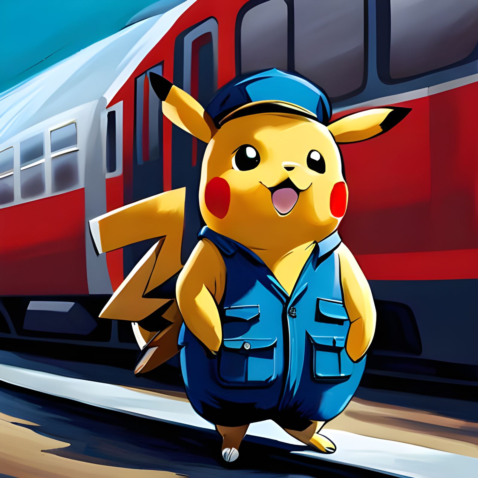 Pikachu Train Conductor in Expressive Oil Painting