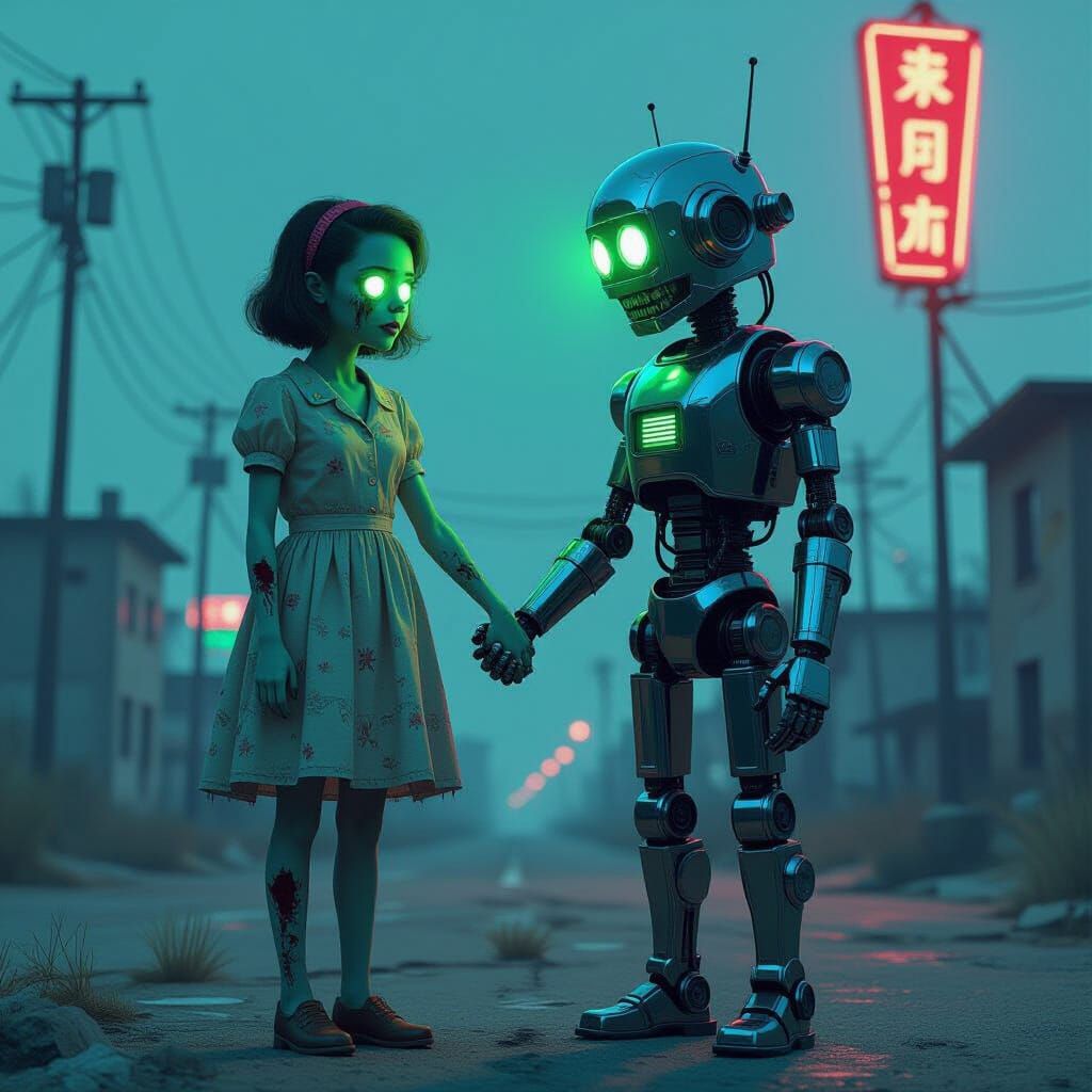 Zombie and Robot Holding Hands in Post-Apocalyptic City