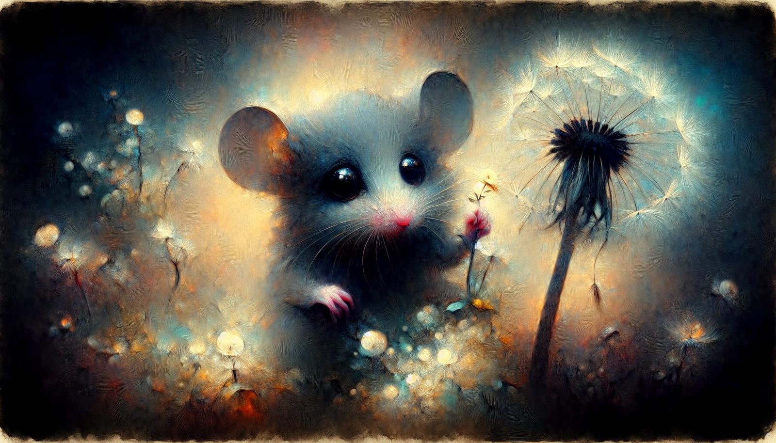 Mouse Offering Flower in Somber Romanticism Style