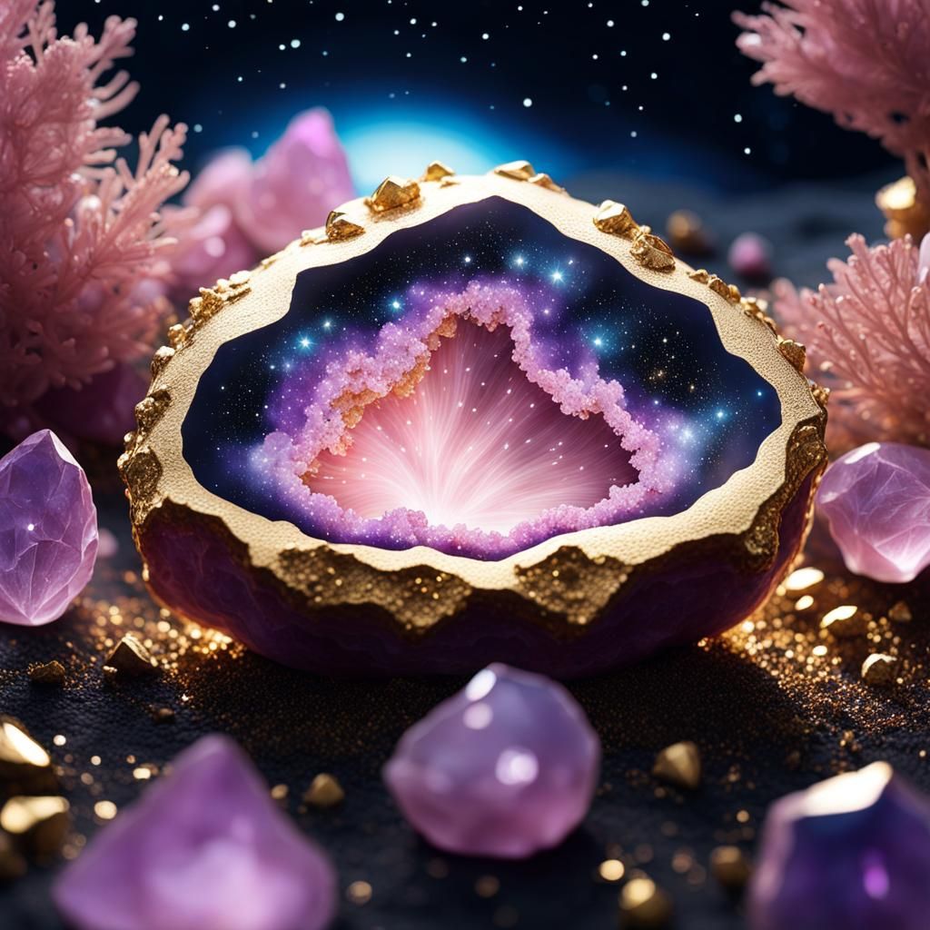 Amethyst and Rose Quartz Geode Under Starry Sky