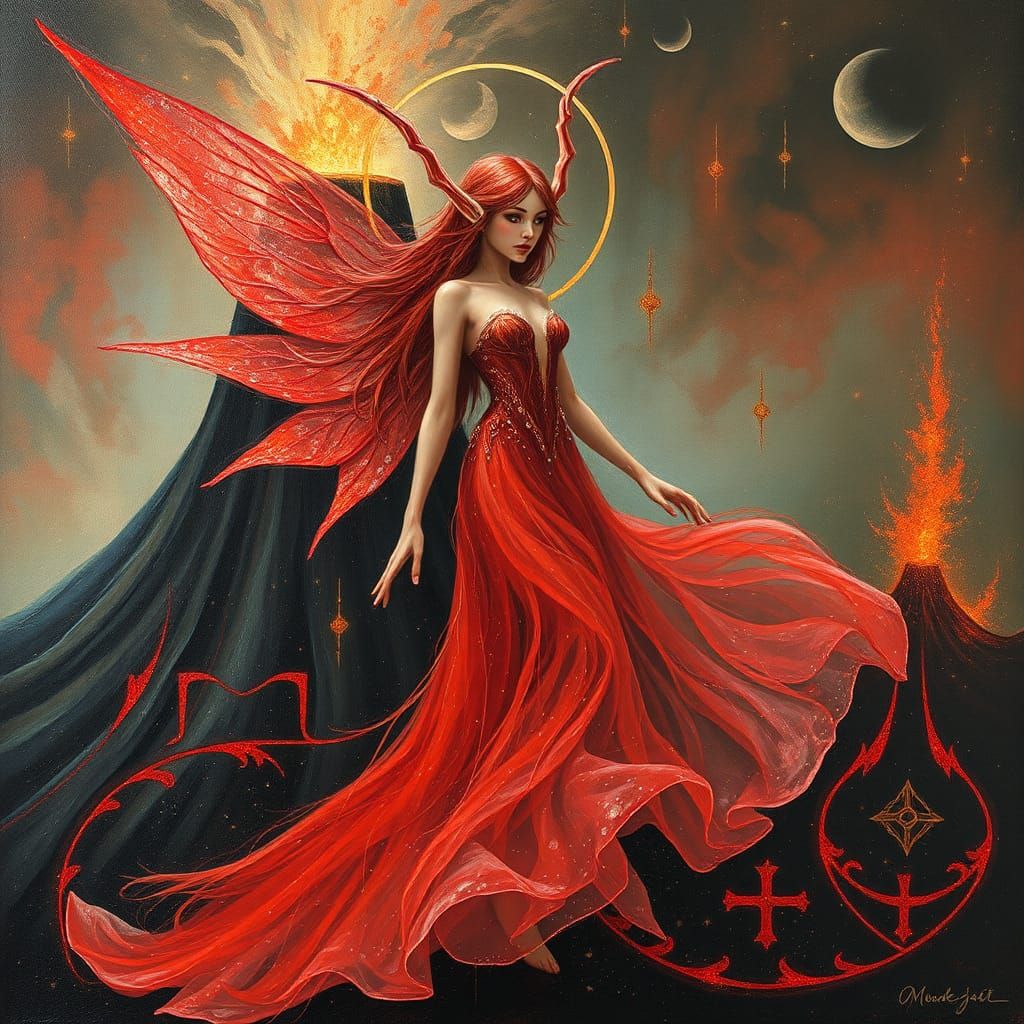 Ethereal Red Fairy Elf in Impasto Volcano Dreamscape