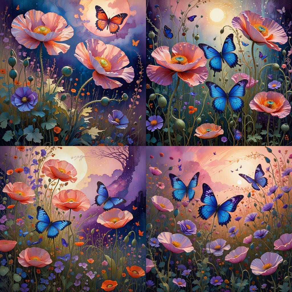 Vibrant Poppies Entwined in Whimsical Prairie Landscape