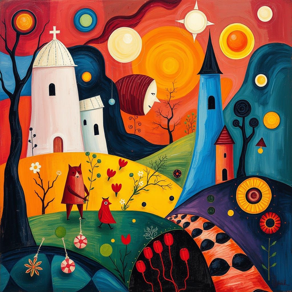 Vibrant Cubist Fantasy Scene with Geometric Shapes and Whims...