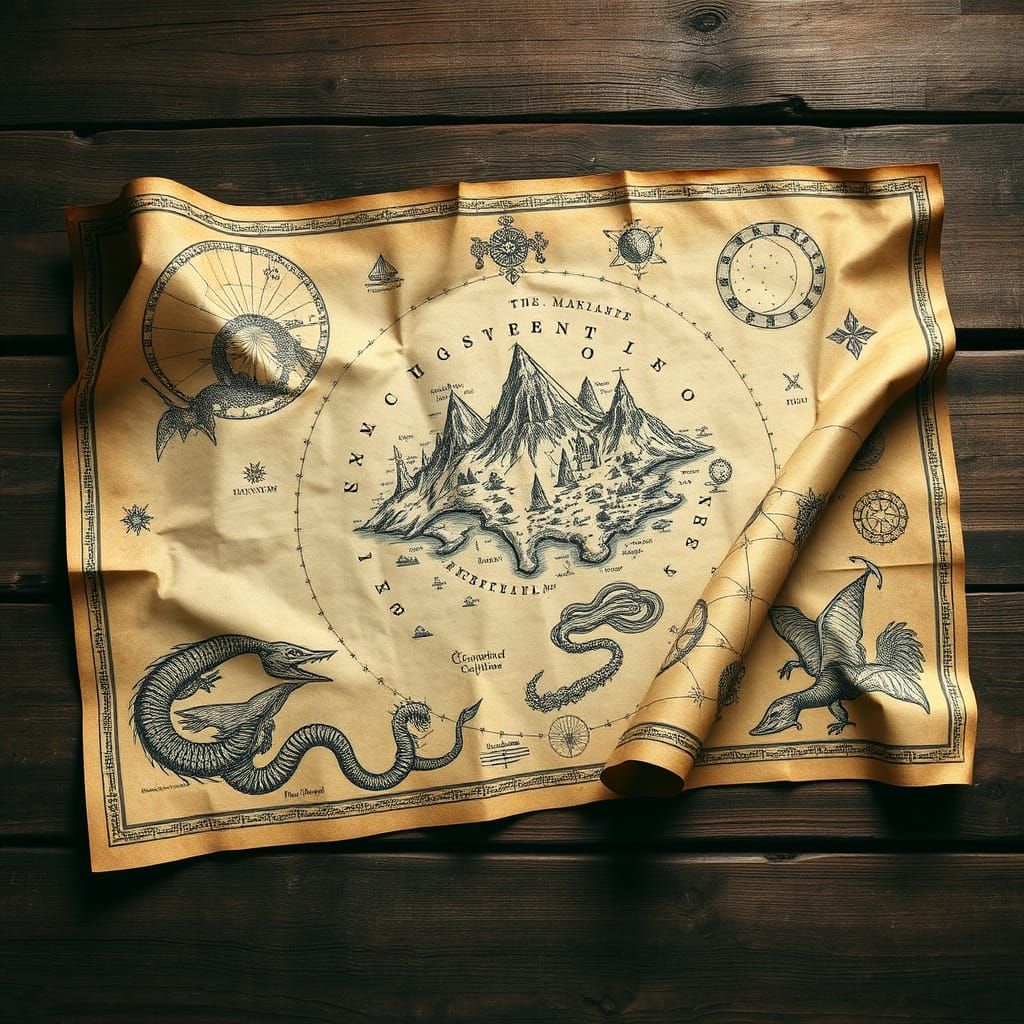 Antique Enchanted Map with Celestial Bodies and Sea Serpents