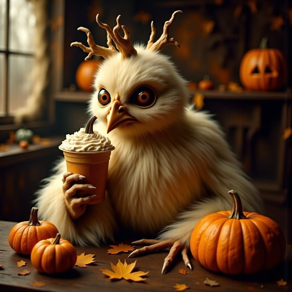 Tired Chicken with Frappuccino in Rustic Kitchen