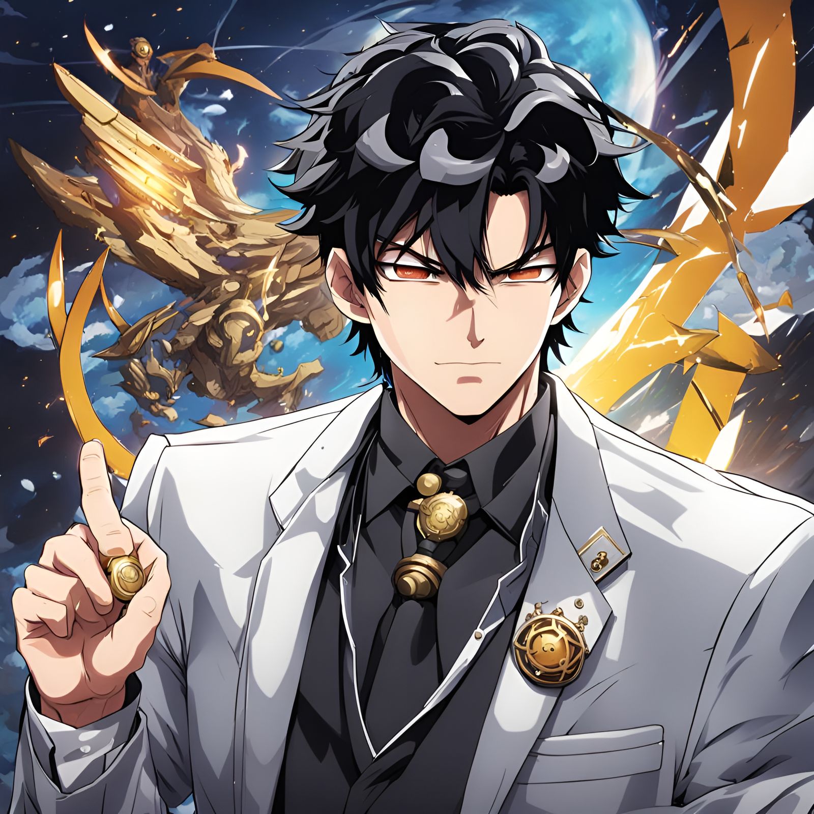 Luxurious Anime-Inspired Male Figure Adorned with a Mystical...