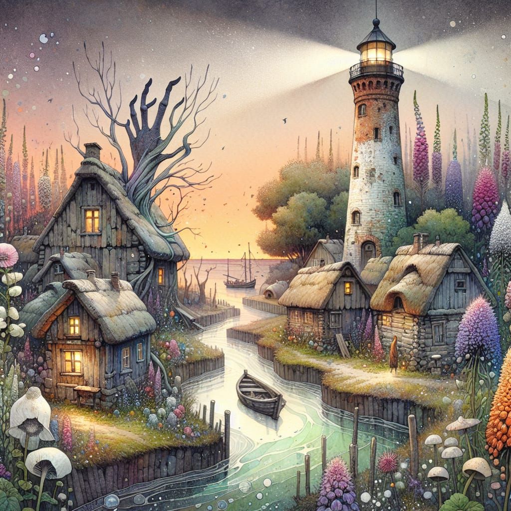 Whimsical Surreal Town with Lighthouse in Watercolor Style