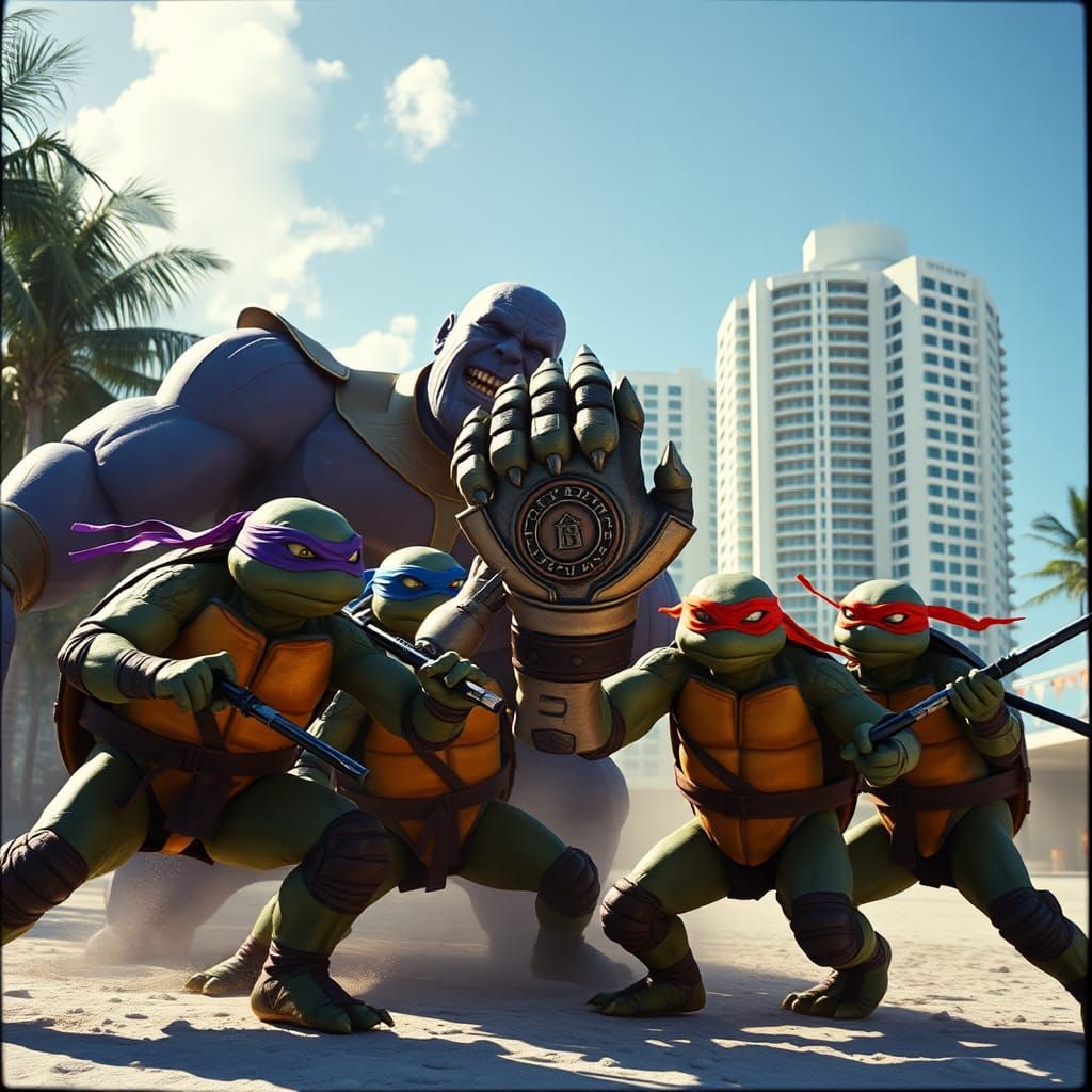 TMNT vs Thanos on Miami Beach: Cinematic Film Still