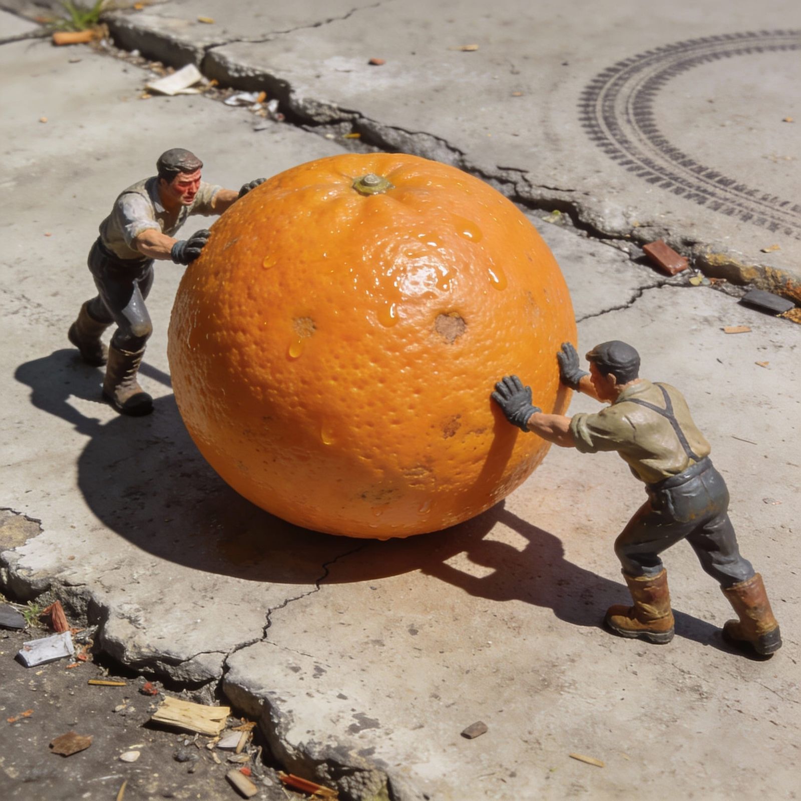 Tiny Men Push Giant Orange on Concrete Path