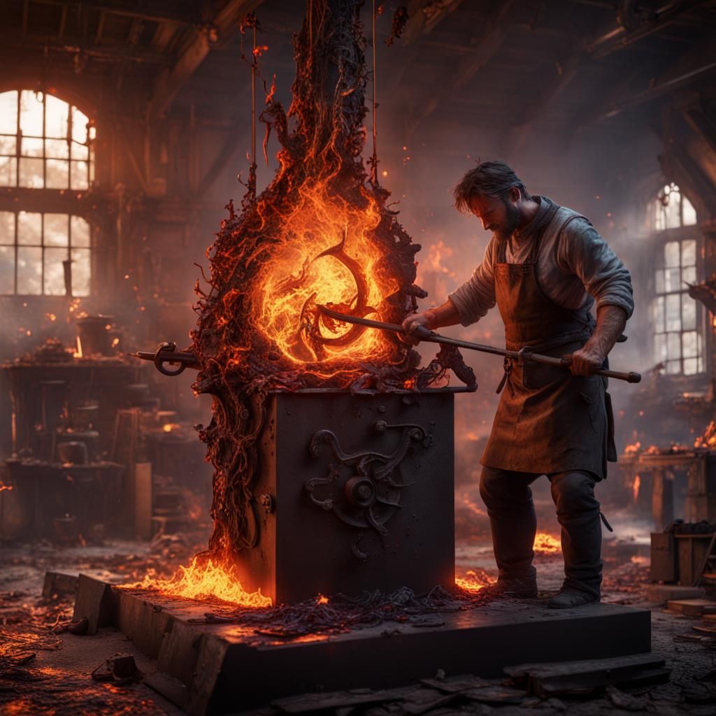 Blacksmith Forging Metal Sculpture in Hot Forge