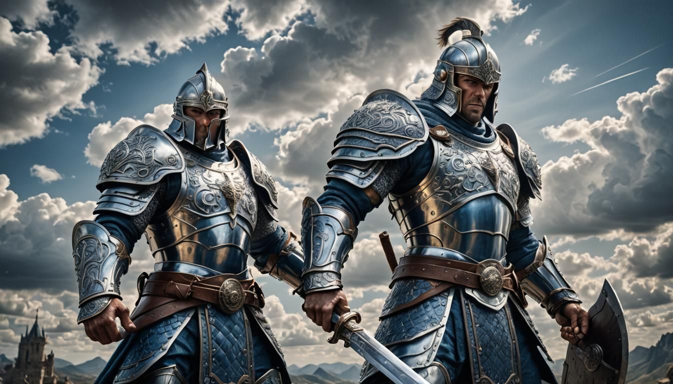 Hyperrealistic Warrior in Silver and Blue Armor