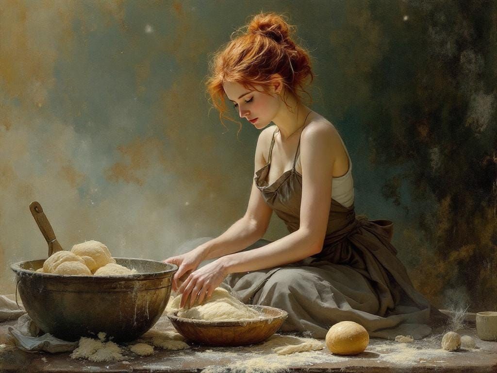 Redhead Baker Kneading Bread in Tonalist Style