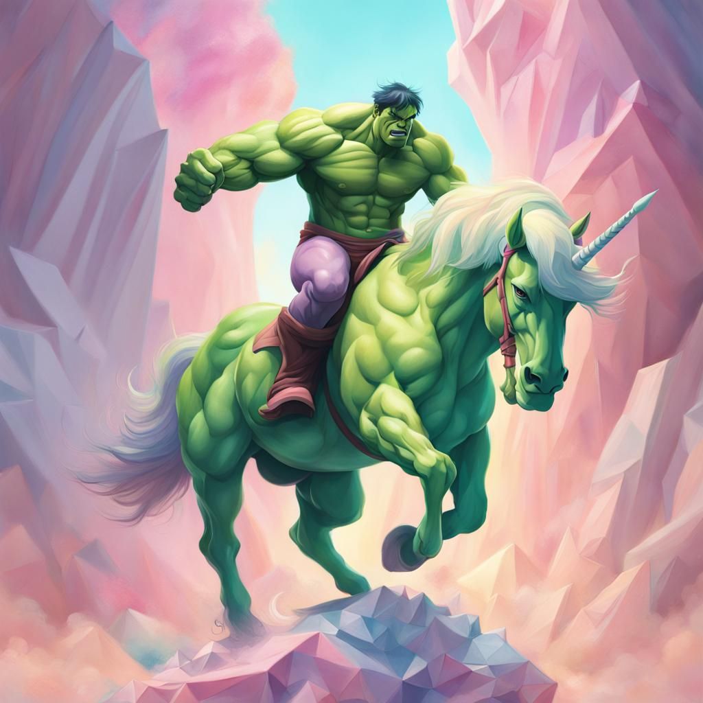 Hulk Rides Unicorn in Pastel Digital Illustration