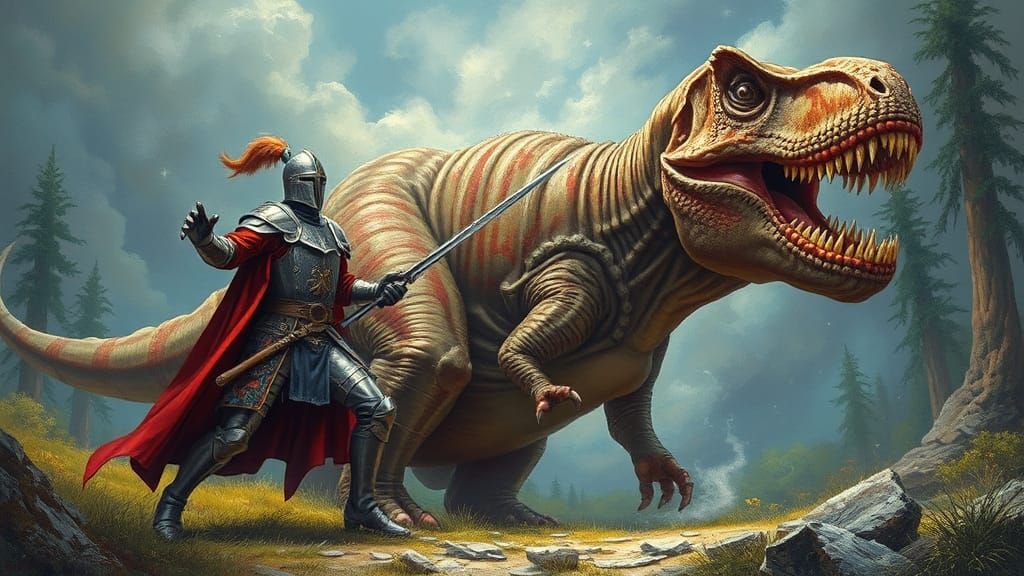 Knight and Wizard Versus T-Rex: Fantasy Art