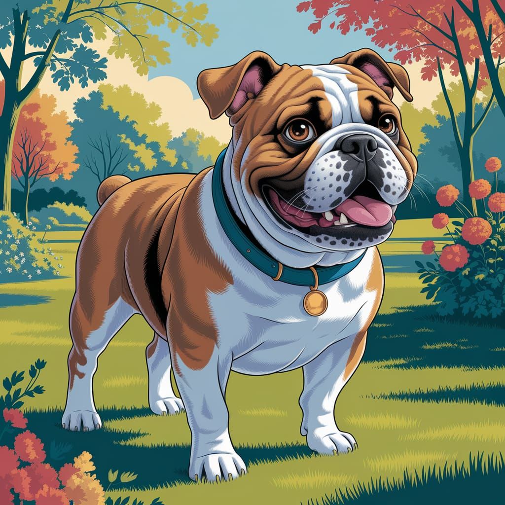 Tuffy the English Bulldog in a Sunlit Park Scene, Whimsical ...