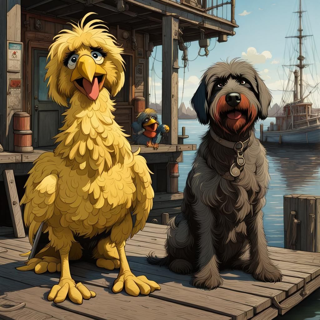Big Bird and Dog at the Bay, Digital Illustration