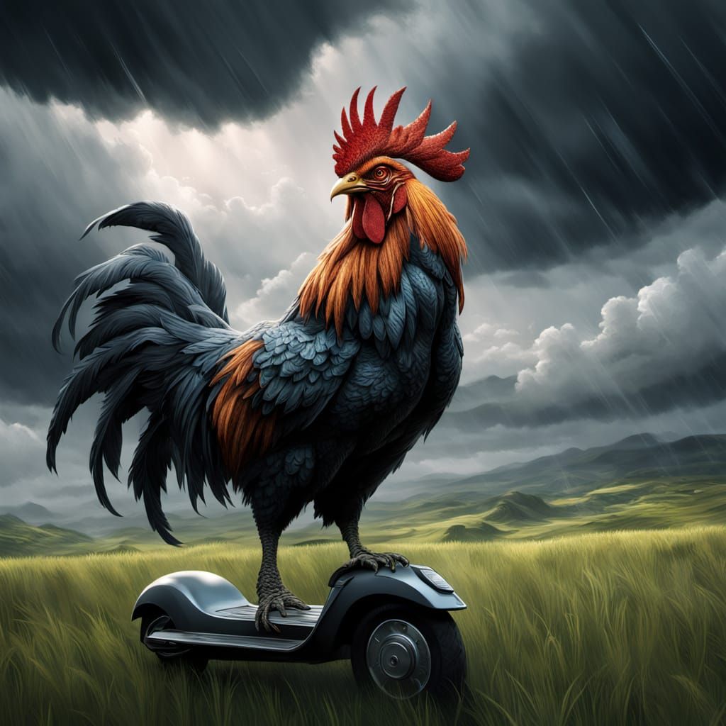 Surreal Scene: Man on Scooter Under Giant Rooster Sky